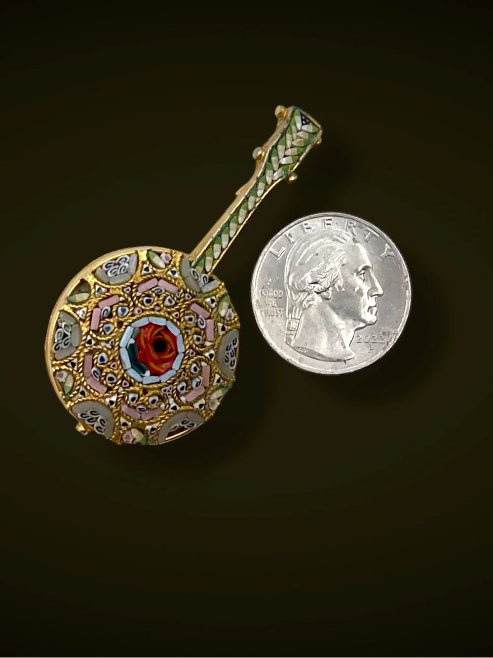 Vintage Italian Micro Mosaic Banjo Mandolin Brooch Pin Floral Glass Tesserae